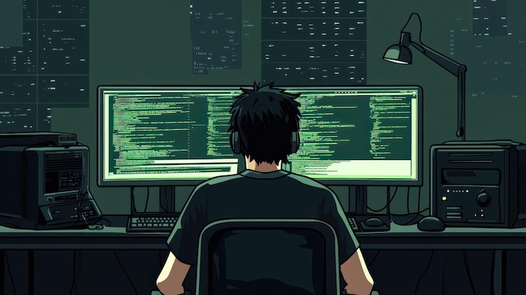Foto programador codificando la vista de la ciudad por la noche 1