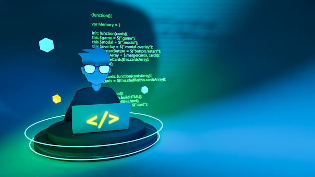 Programador con computadora 3d y código verde