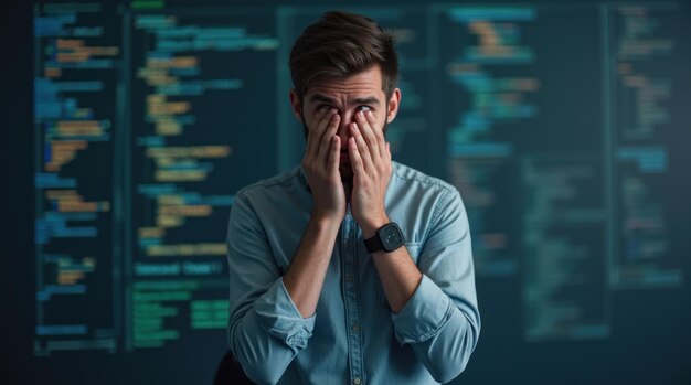 Programador de computadoras agotado frotándose los ojos después de codificar toda la noche