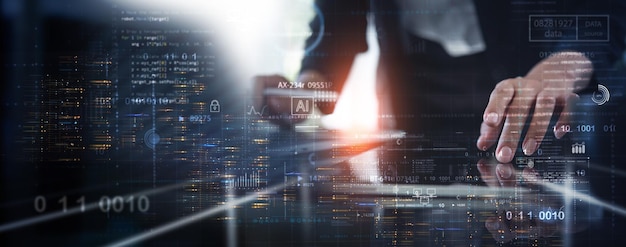 Programador de computadoras codificación en computadoras modernas con IA Inteligencia artificial Ciencia de datos desarrollo de software computación en la nube tecnología digital gestión de grandes datos concepto de intercambio de datos