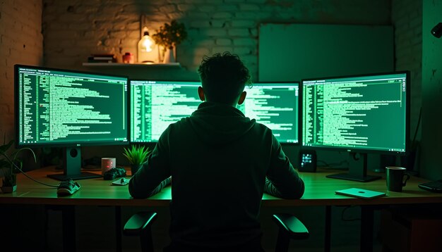 Programador de computadoras trabajando en múltiples pantallas en una habitación con poca luz