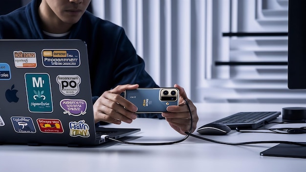Programador conectando el teléfono inteligente a la computadora portátil