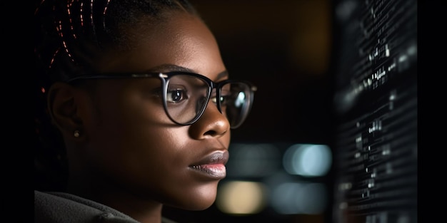 Programador de codificação de mulher negra afro-americana usando computador para tela de codificação com linhas de código copyspace Generative AI