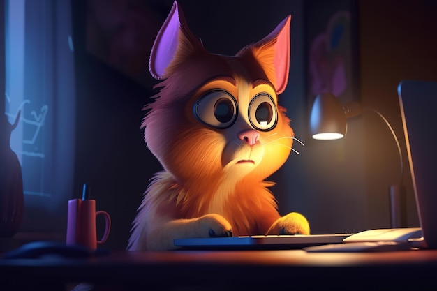 Programador de gato preocupado trabalhando à noite no laptop Ilustração de animal de estimação ruivo engraçado assustado e surpreso olhando para o monitor do computador dentro da sala Generative AI