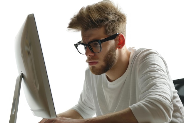 Foto programador desarrollador enfocado usa gafas trabajando en computadora aislado sobre un fondo blanco sólido