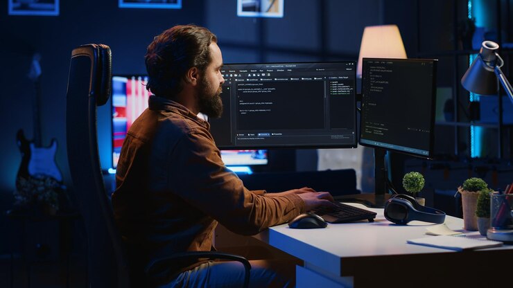 Foto programador desarrollando código en la pantalla de la computadora mientras está en la oficina personal