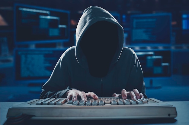 Programador desconocido encapuchado escribiendo en el teclado