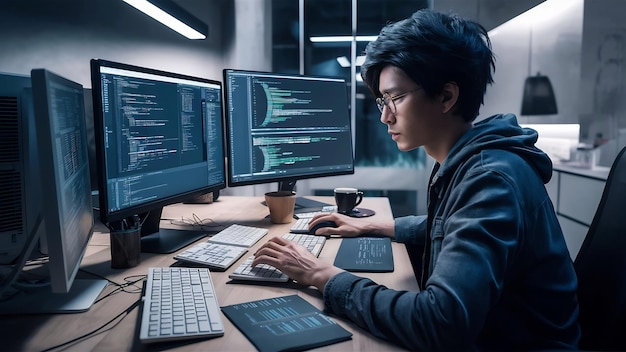 Programador desenvolvedor trabalhando na codificação de software de programação de computador no escritório