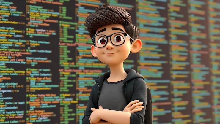Foto programador de dibujos animados sonriente con fondo de código