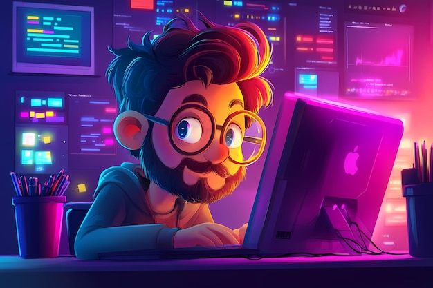 Programador de dibujos animados trabajando en una computadora