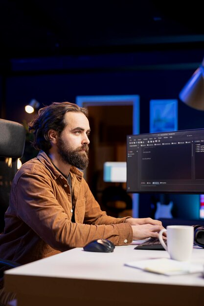 Foto programador digitando no teclado instalando código fortificado no pc