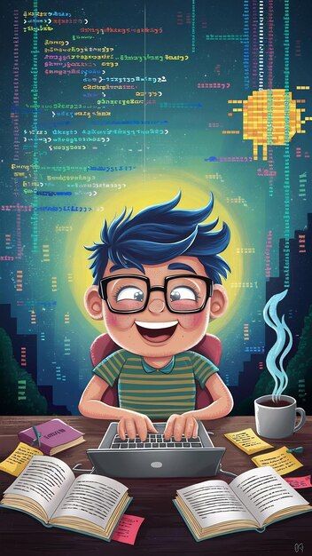 Programador encantado con gafas usando una computadora