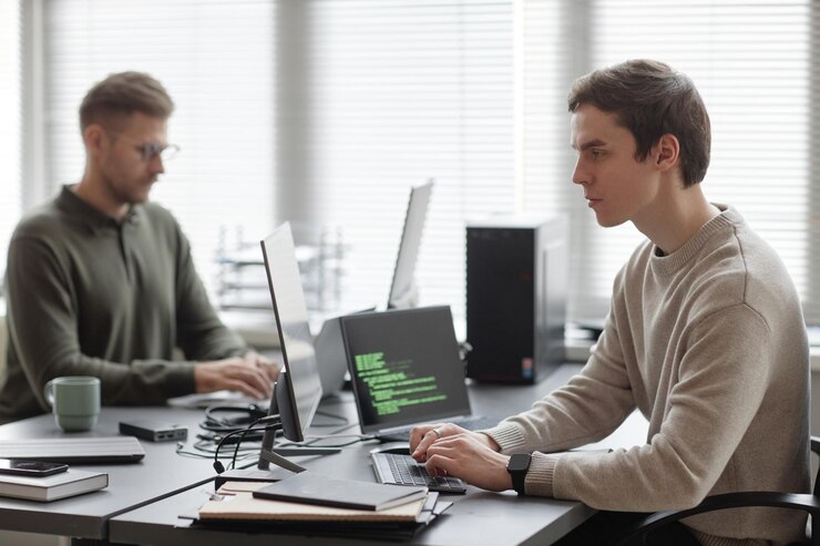 Foto programador enfocado en el desarrollo de software de ciberseguridad