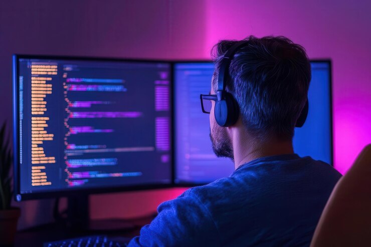 Foto un programador enfocado inmerso en la codificación rodeado de pantallas de colores que muestran tecnología moderna y creatividad digital