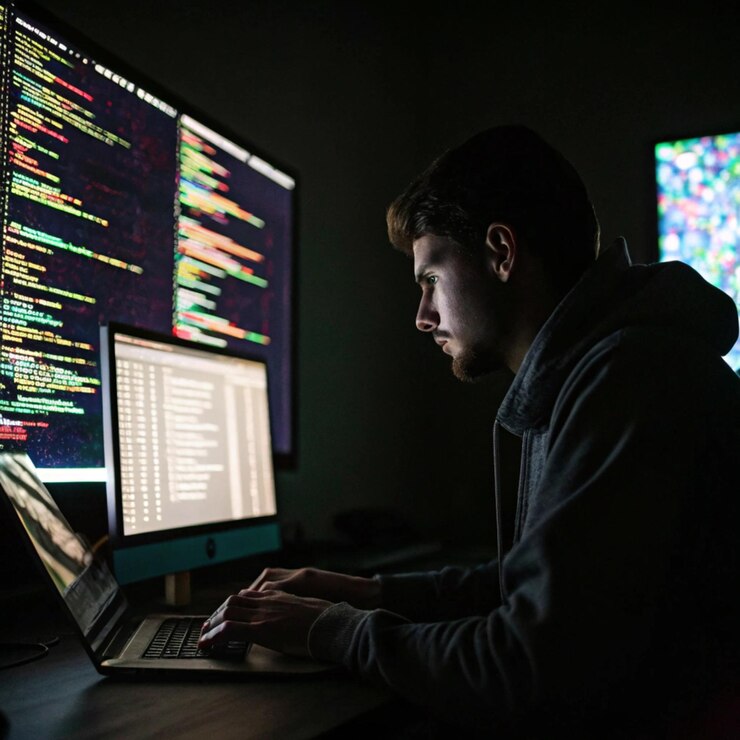 Foto programador enfocado trabajando hasta tarde en la noche