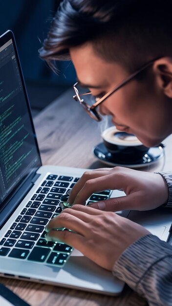 Un programador escribiendo un nuevo código de software en una computadora portátil