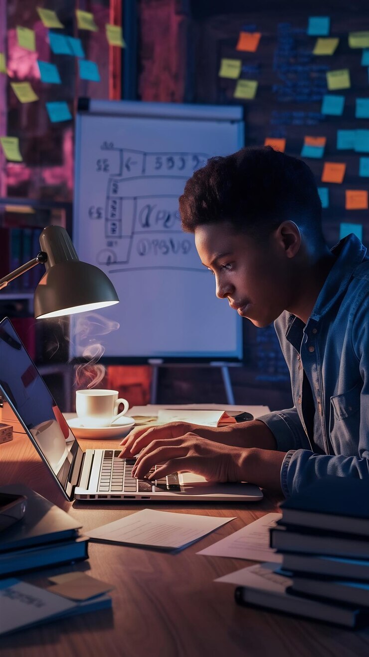 Foto un programador escribiendo un nuevo código de software en una computadora portátil