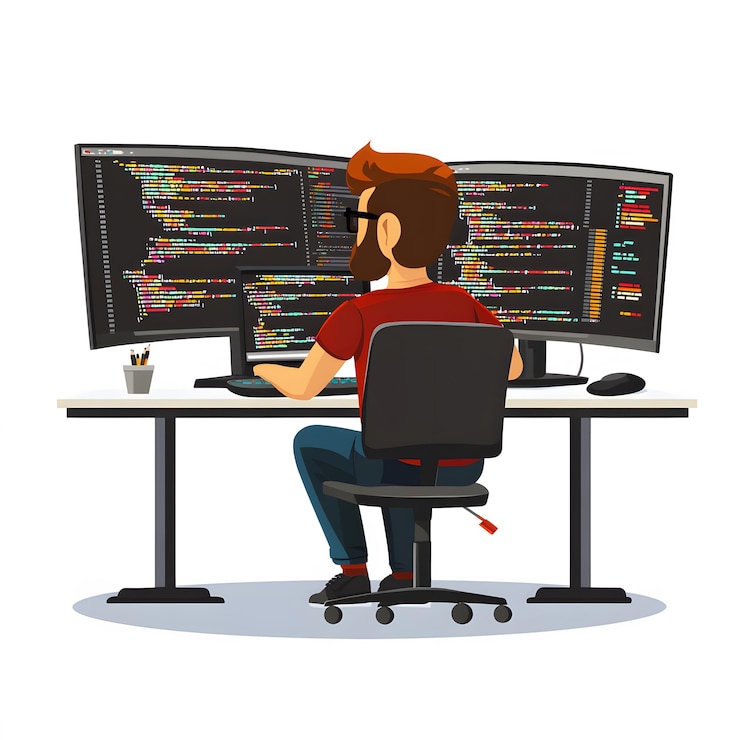 Foto programador de estilo vintage trabajando en el sótano aislado en fondo blanco diseño plano