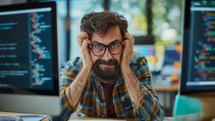 Foto programador frustrado con las manos en la cabeza