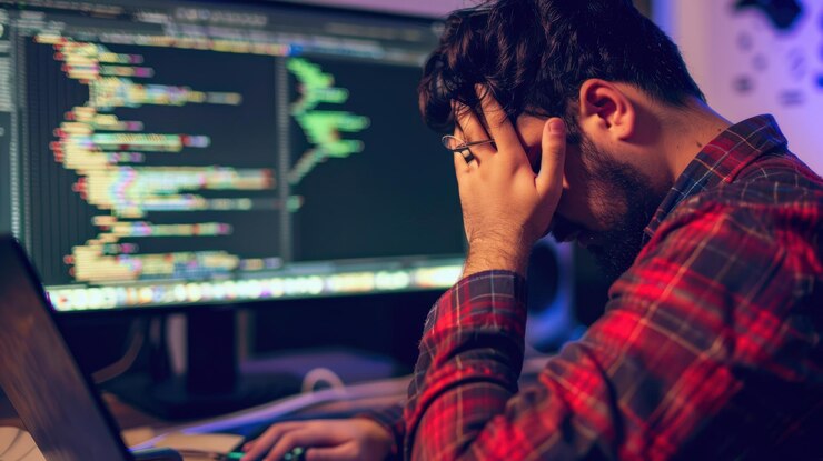 Foto programador frustrado trabajando hasta tarde