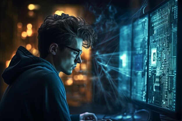 Un programador con gafas hackea la computadora con un virus