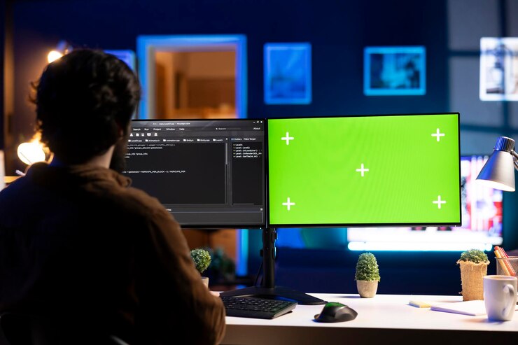 Foto programador haciendo depuración de software en una pc de pantalla verde en casa