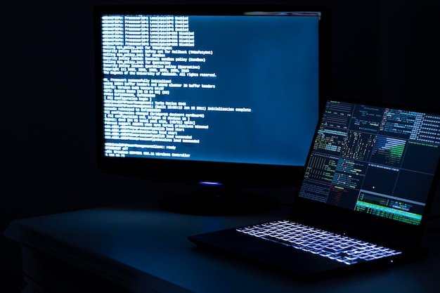 Un programador informático y un hacker imprimen un código en el teclado de una computadora portátil para entrar en un misterioso sistema organizativo