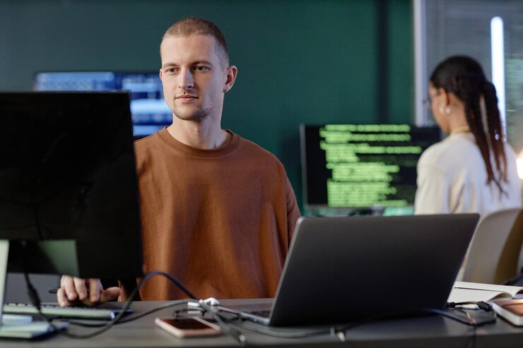 Foto programador informático masculino escribiendo código en la computadora trabajando con colegas en el escritorio en la oficina
