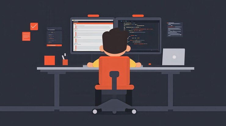 Foto programador involucrado en un espacio de trabajo moderno