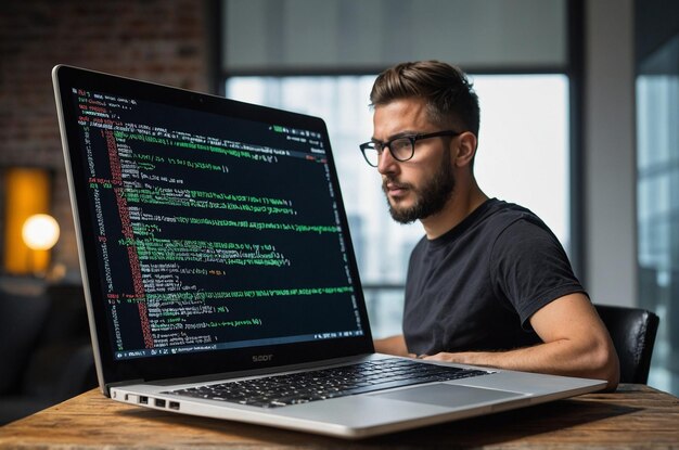 Programador con licencia ejecutando código en portátil