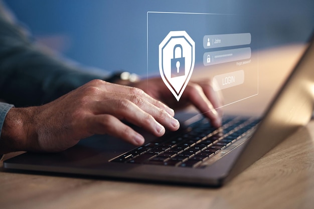 Programador de manos en la computadora portátil y holograma para el software de seguridad cibernética de inicio de sesión de contraseña y tipeo y desarrollador de código de TI con superposición de bloqueo de teclado y gdpr para seguridad de protección de datos y cierre