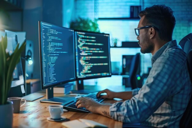 Programador masculino a codificar numa sala escura com dois monitores.
