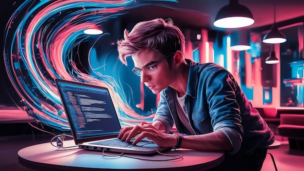 Programador masculino con computadora portátil en fondo de color