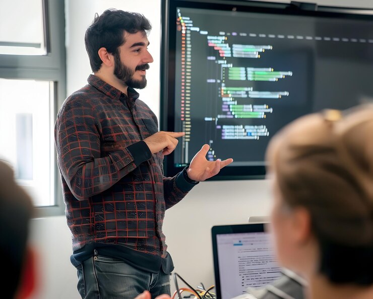 Foto programador masculino confiado presentando el proyecto a sus colegas de la oficina de colaboración
