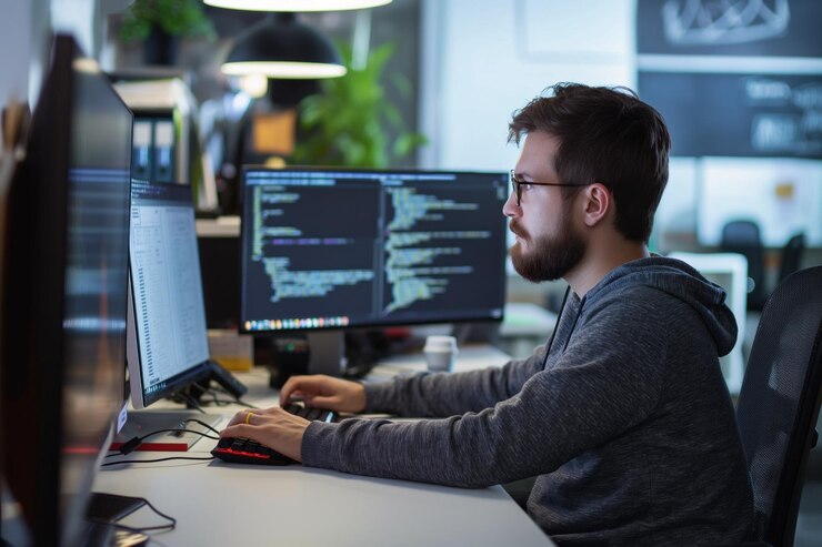 Foto programador masculino sentado en su escritorio centrado en la pantalla de la computadora trabaja en un proyecto de software