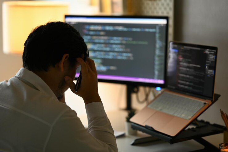 Foto programador masculino sobrecargado de trabajo que se siente frustrado y cansado mientras trabaja en código informático por la noche