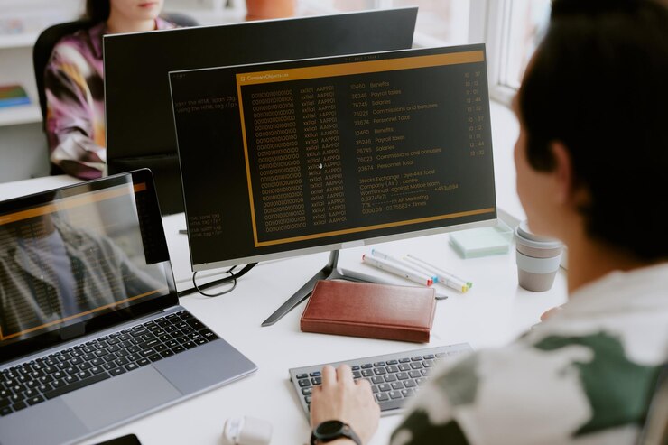 Foto programador masculino durante el tiempo de trabajo