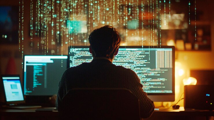 Foto programador masculino trabajando con código líneas brillantes de código en la pantalla
