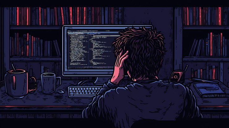 Foto un programador mirando fijamente una pantalla de computadora en una habitación con poca luz