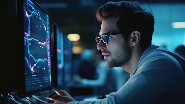 Programador no trabalho face closeup Um jovem analista financeiro de óculos trabalha como monitor no