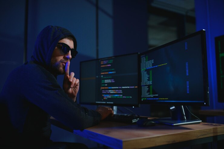 Foto programador o hacker informático escribiendo código