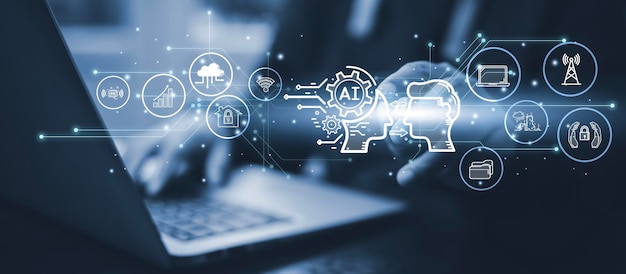 Programador personas que trabajan con portátiles o teléfonos inteligentes con inteligencia artificial ingeniero de software codificación en computadoras portátiles con iconos de tecnología y código binario grandes datos Ai bot máquina digital
