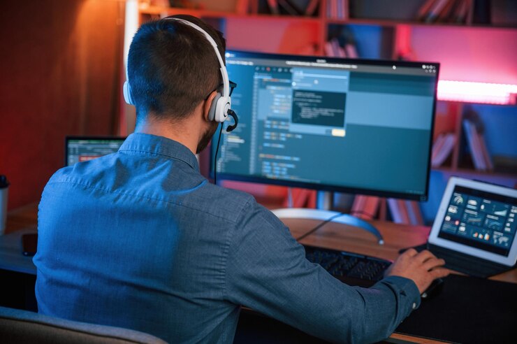 Foto programador profesional está trabajando en interiores iluminación de neón