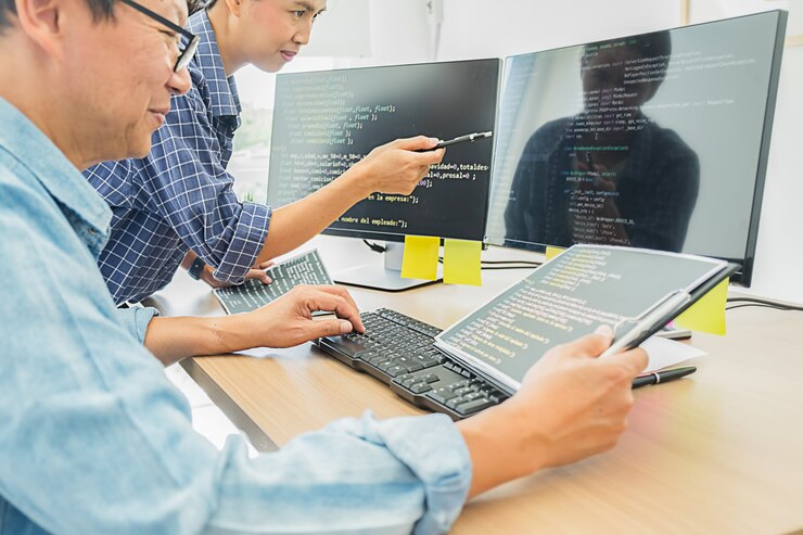 Foto programador que trabaja en tecnologías de codificación y desarrollo de software. diseño de páginas web. concepto de tecnología.
