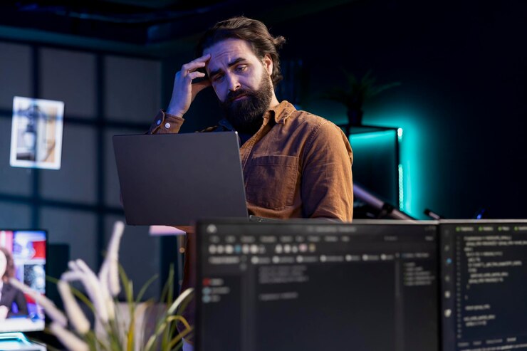 Foto programador rascándose la cabeza en confusión tratando de asegurar los servidores de la compañía