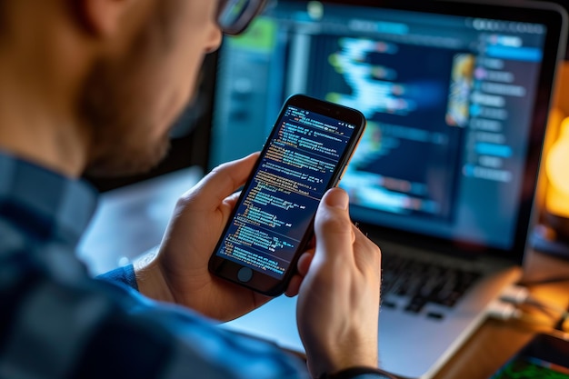 Foto programador revisando código em ai gerativa de smartphone