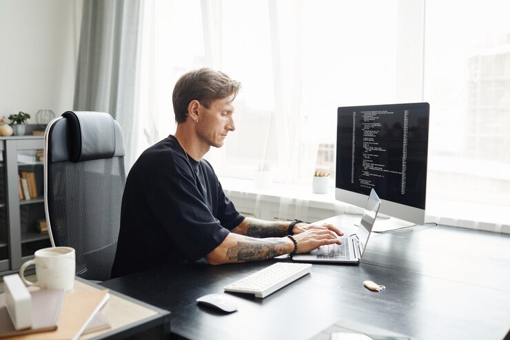 Foto programador de sexo masculino joven que escribe el código del programa sentado en el lugar de trabajo con el monitor en la oficina