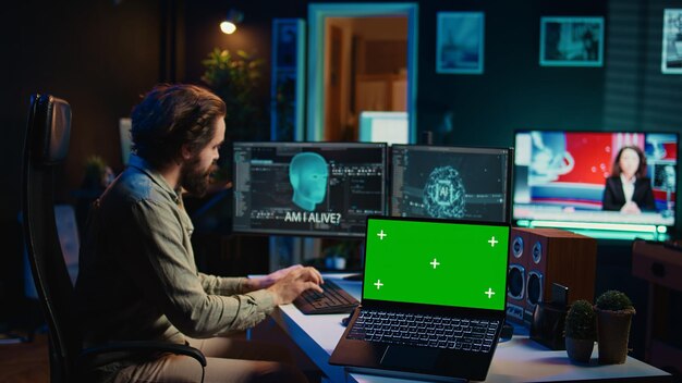 Programador siendo preguntado preguntas existenciales por despertar la IA llave de croma portátil