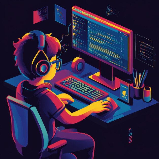 Un programador se sienta frente a una computadora con un colorido teclado, un ratón y auriculares para escribir código en la pantalla