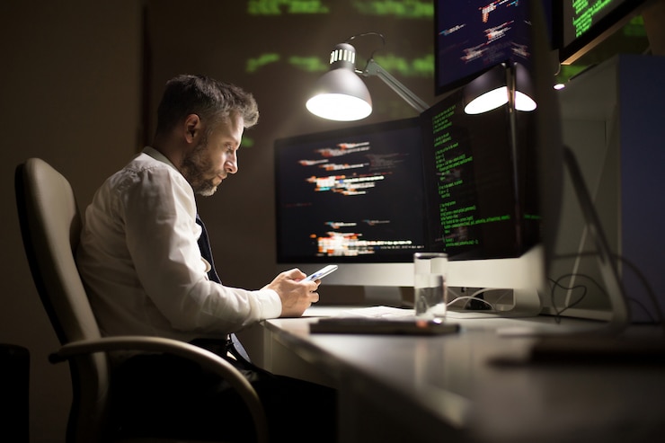 Foto programador talentoso trabajando hasta tarde